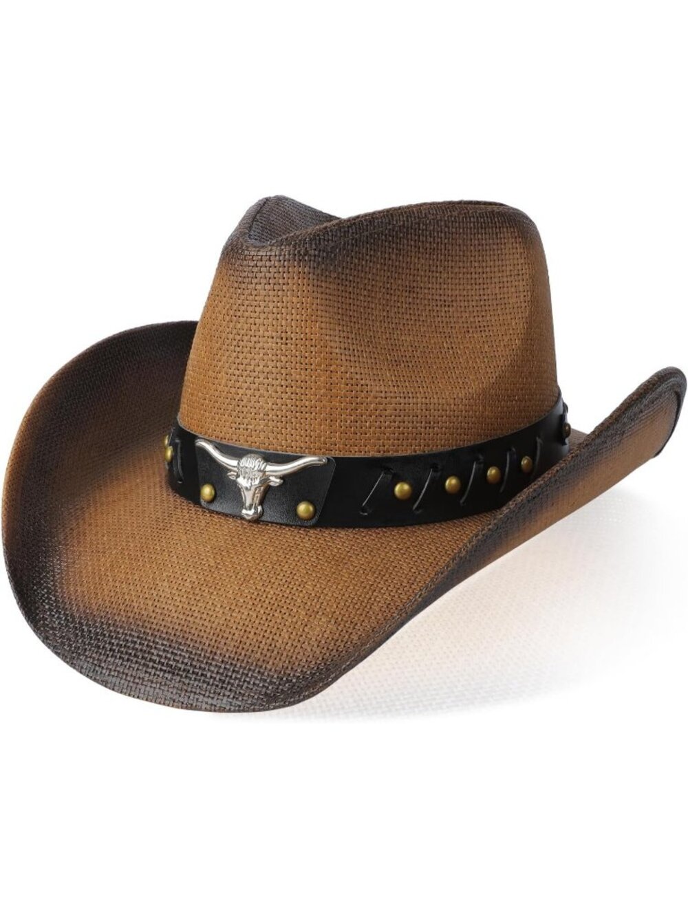 Unisex Brown Shapeable Distressed Longhorn Bull Band Western Straw Cowboy Hat